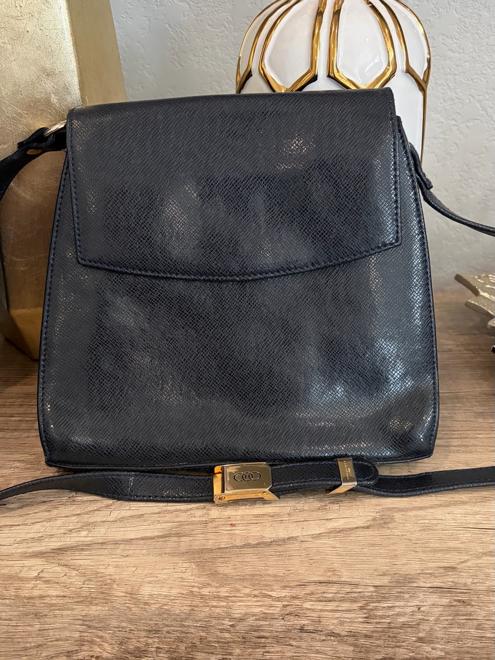 Vintage Classic blue navy Leather Crossbody with Gold Hardware